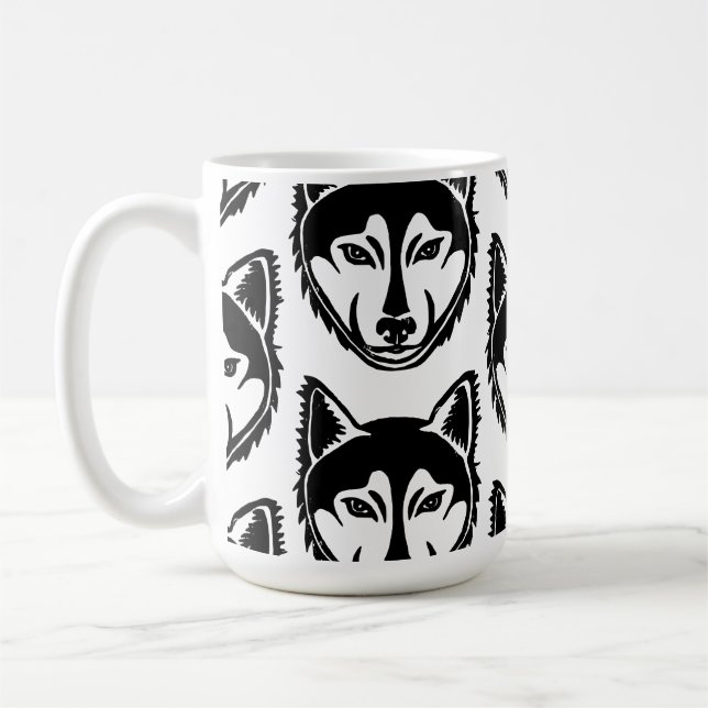 Black and White Husky Portrait Lino Cut Print Coffee Mug (Left)