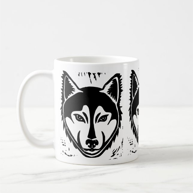 Black and White Husky Portrait Lino Cut Print Coffee Mug (Left)