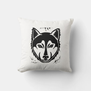 Black and White Husky Portrait Lino Cut Print Throw Pillow