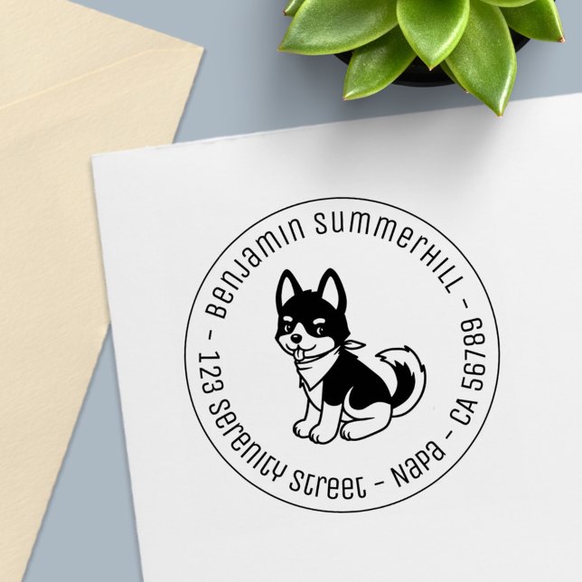 Black and White Husky Puppy Dog Round Address Self-inking Stamp (Creator Uploaded)