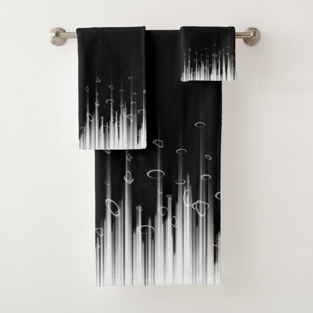 Black And White Hypnotic Circled Line Streaks Art Bath Towel Set (Insitu)