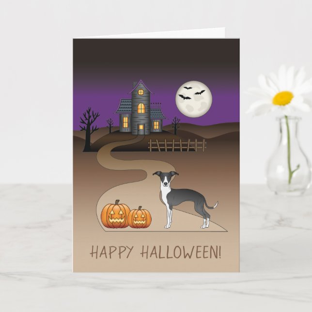 Black And White Iggy And Halloween Haunted House Card (Small Plant)