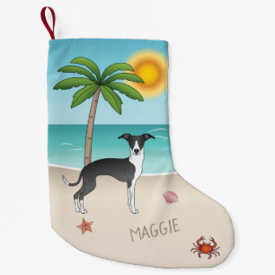 Black And White Iggy Dog At Tropical Summer Beach Small Christmas Stocking