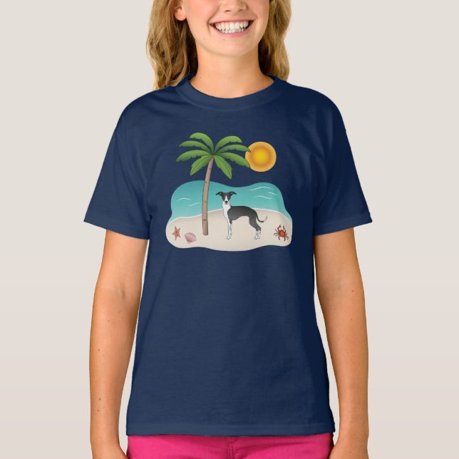 Black And White Iggy Dog At Tropical Summer Beach T-Shirt (Front)