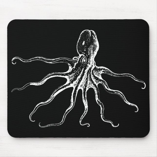 Black and White Illustrated Octopus Sea Creature Mouse Pad (Front)