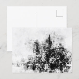 Black and White Illustration Notre-Dame Cathedral Postcard