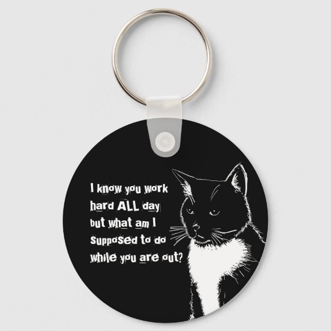 Black and white illustration of Funny Cat Keychain (Front)