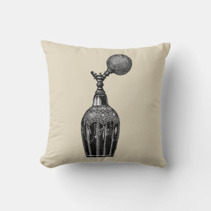 black and white illustration, perfume bottle, throw pillow