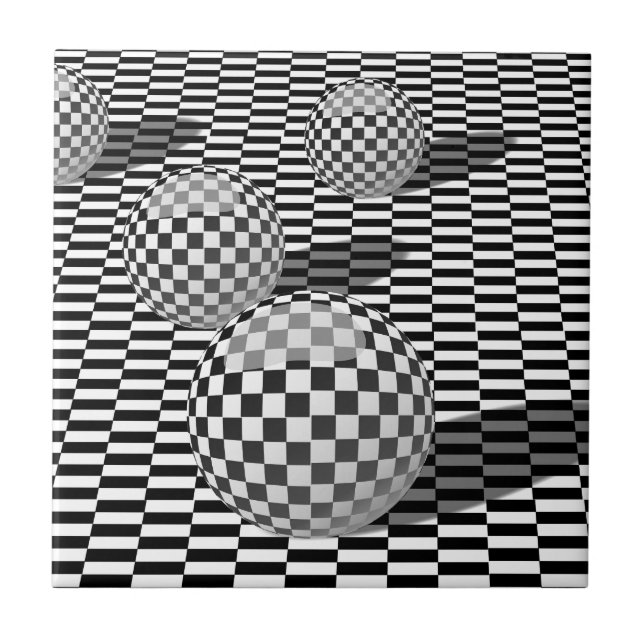 Black and white illustration with balls on a chess tile (Front)