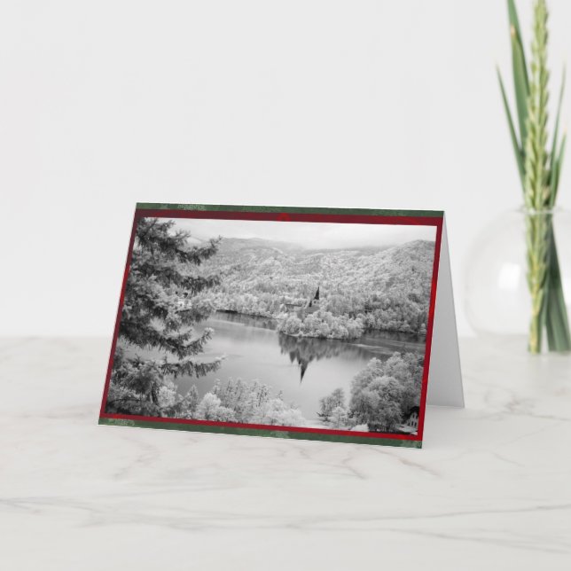 Black and white image of Lake Bled, Slovenia Holiday Card (Front)
