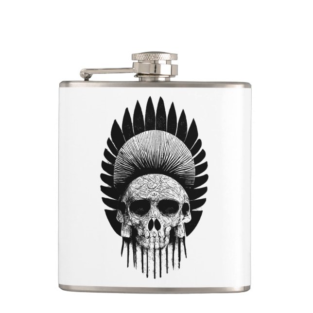 Black And White Indian Skull Hip Flask (Front)