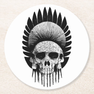 Black And White Indian Skull Round Paper Coaster