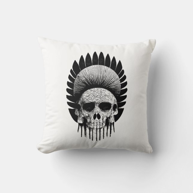 Black And White Indian Skull Throw Pillow (Front)