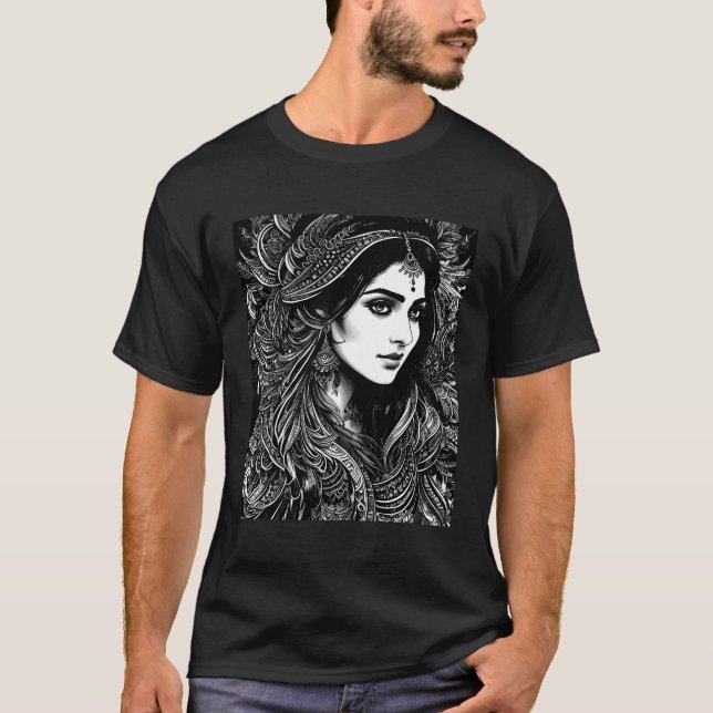 Black And White Indian With Floral Pattern T-Shirt (Front)
