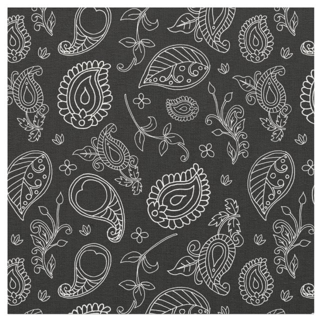 Black and White Indie Boho Paisley Print Fabric (Close Up)