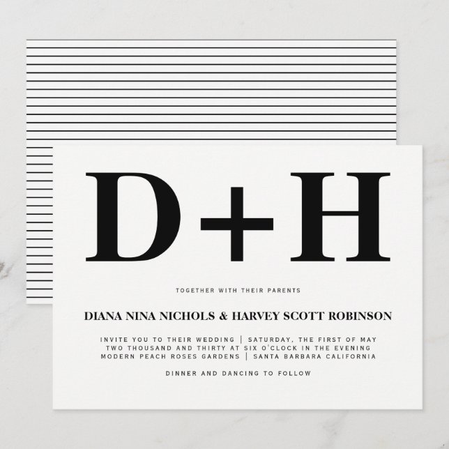 Black and white initials bold typography wedding invitation (Front/Back)