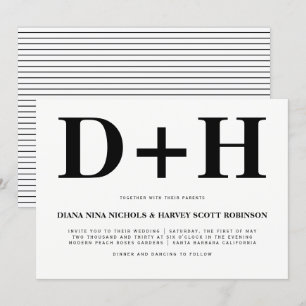 Black and white initials bold typography wedding invitation