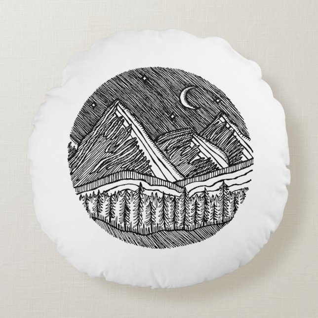 Black and White Ink-Drawn Round Alp Landscape Round Pillow (Front)