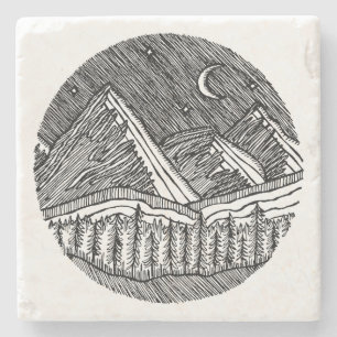 Black and White Ink-Drawn Round Alp Landscape Stone Coaster