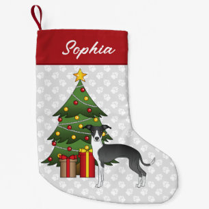 Black And White Italian Greyhound & Christmas Tree Small Christmas Stocking