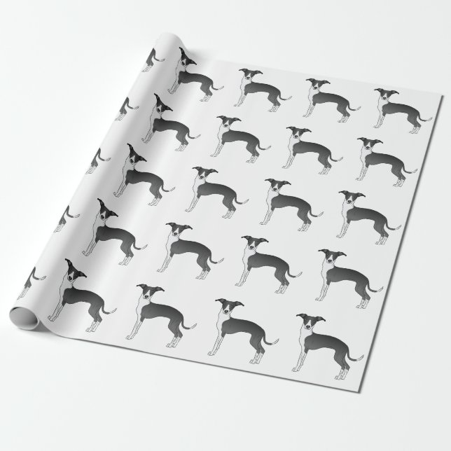 Black And White Italian Greyhound Cute Dog Pattern Wrapping Paper (Unrolled)
