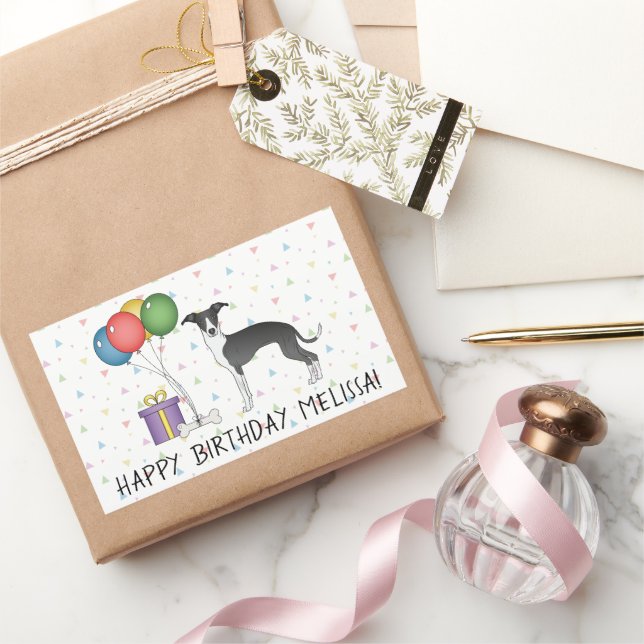 Black And White Italian Greyhound - Happy Birthday Sticker (Gifting)