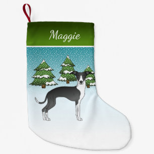 Black And White Italian Greyhound In Winter Forest Small Christmas Stocking