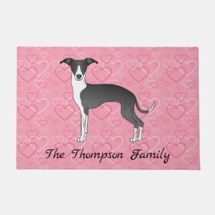 Black And White Italian Greyhound On Pink Hearts Doormat