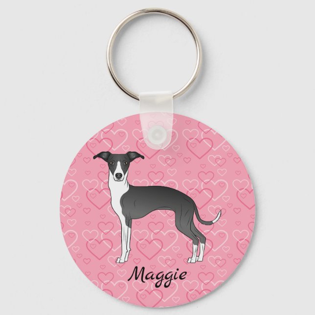 Black And White Italian Greyhound On Pink Hearts Keychain (Front)