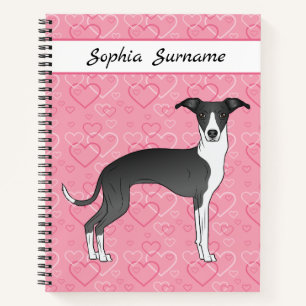 Black And White Italian Greyhound On Pink Hearts Notebook