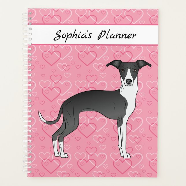 Black And White Italian Greyhound On Pink Hearts Planner (Front)