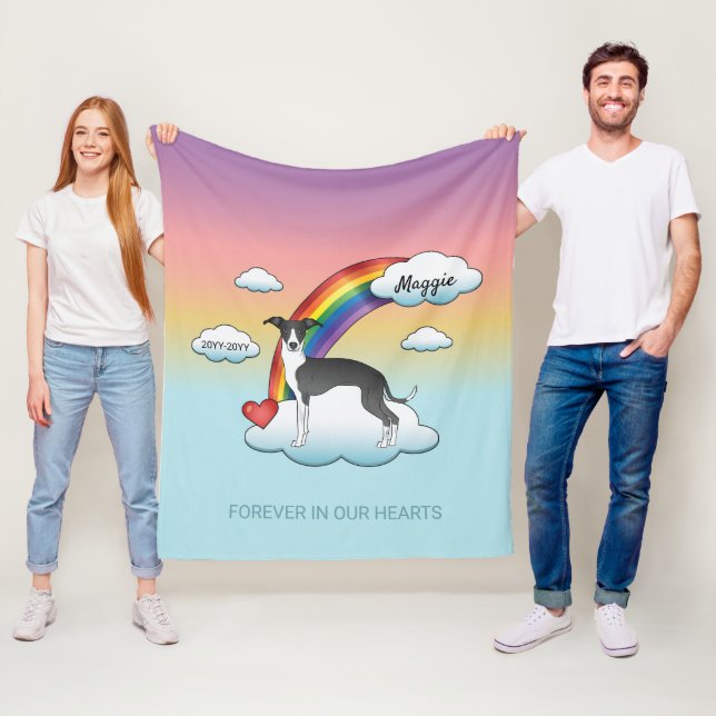 Black And White Italian Greyhound Rainbow Memorial Fleece Blanket (In Situ)