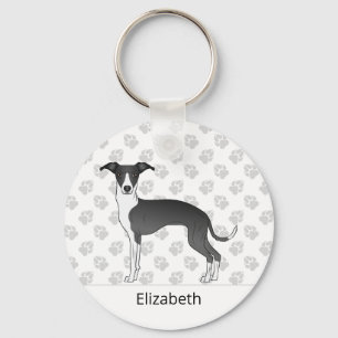 Black And White Italian Greyhound With Custom Name Keychain