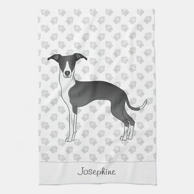 Black And White Italian Greyhound With Custom Name Kitchen Towel (Vertical)