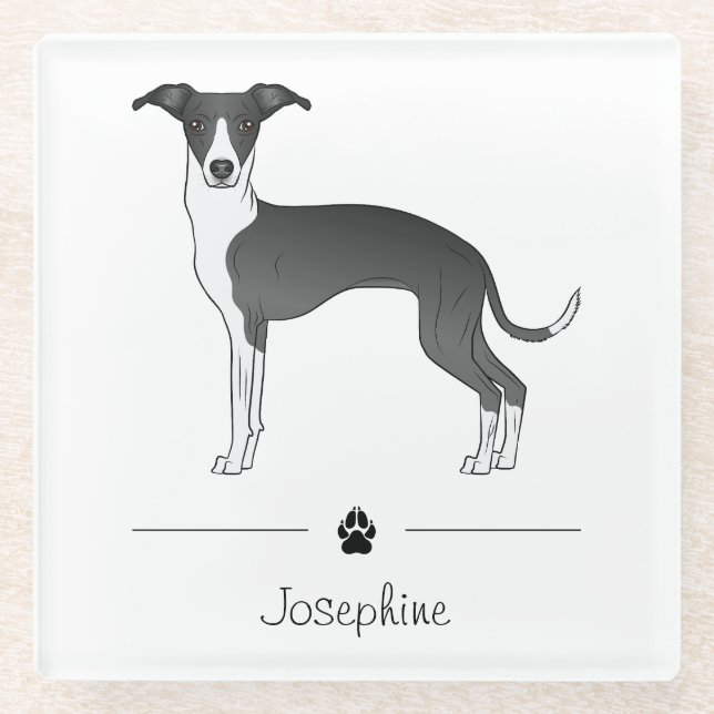 Black And White Italian Greyhound With Custom Text Glass Coaster (Front)