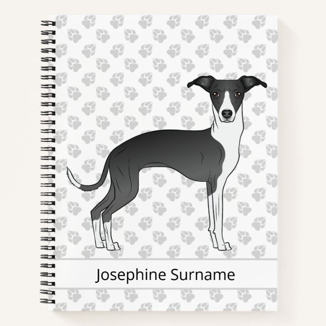 Black And White Italian Greyhound With Custom Text Notebook (Front)