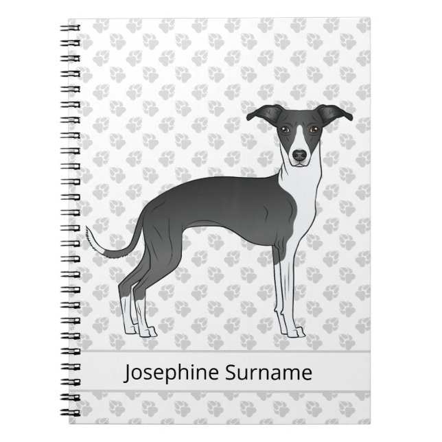 Black And White Italian Greyhound With Custom Text Notebook (Front)