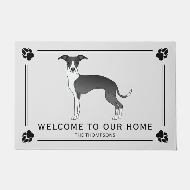 Black And White Italian Greyhound With Paws & Text Doormat (Front)