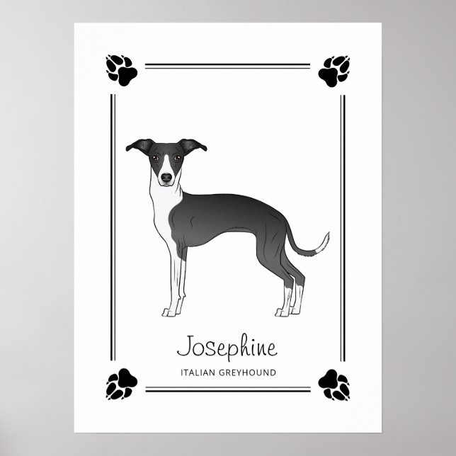 Black And White Italian Greyhound With Paws & Text Poster (Front)