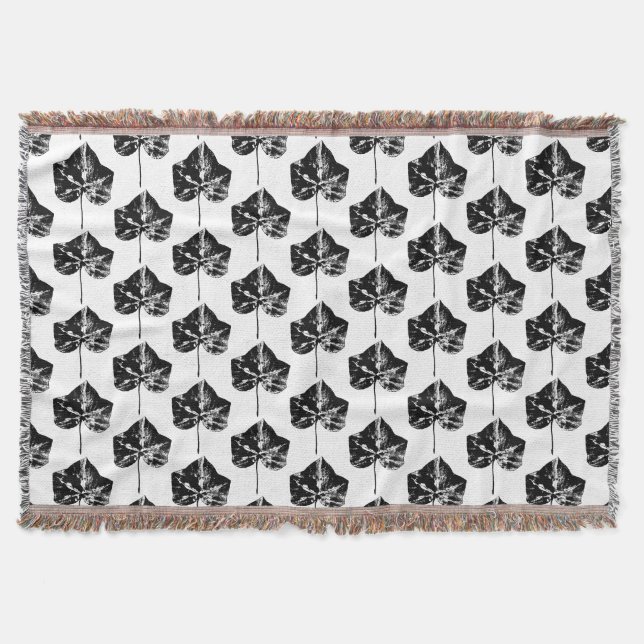 Black and White Ivy Leaf Print Throw Blanket (Front)