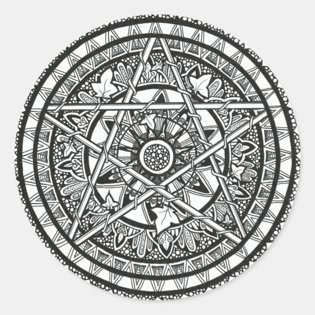 Black and white ivy pentacle mandala design classic round sticker (Front)