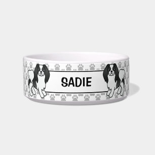 Black And White Japanese Chin Cartoon Dog & Name Bowl