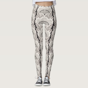 Black And White Japanese Floral Kimono Pattern Leggings