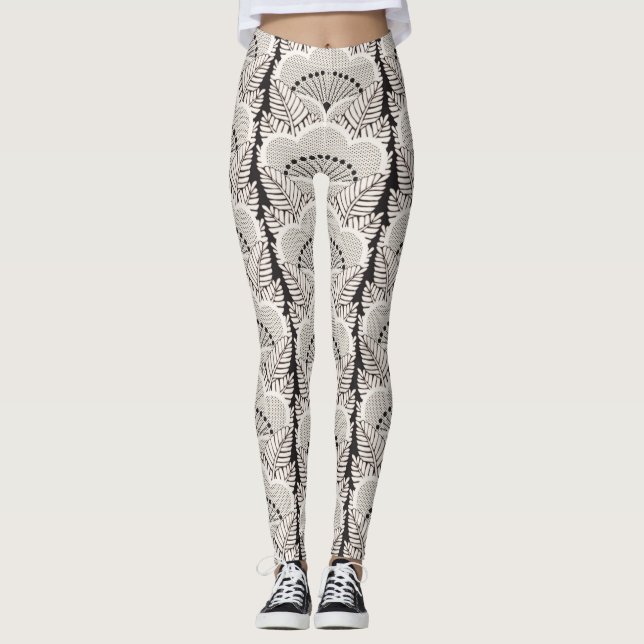 Black And White Japanese Floral Kimono Pattern Leggings (Front)