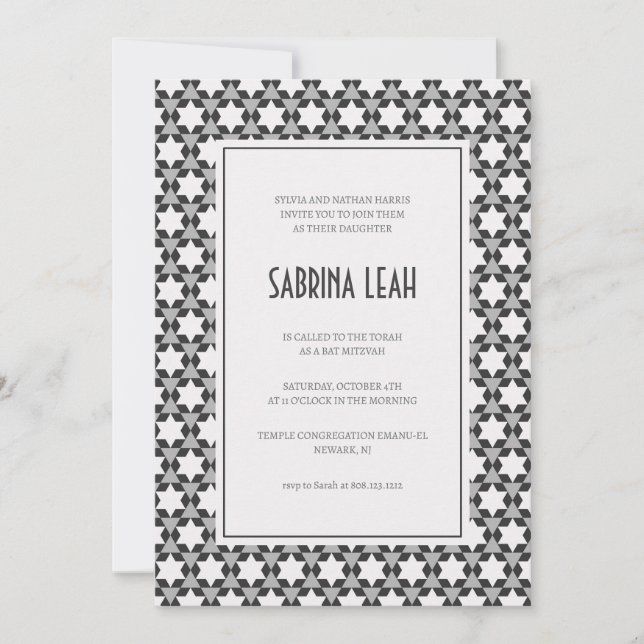 Black and white Jewish star pattern Bat Mitzvah Invitation (Front)