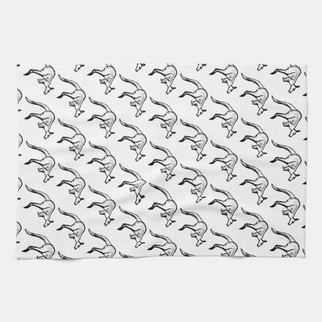 Black and White Jumping Kangaroo Sketch Kitchen Towel (Horizontal)