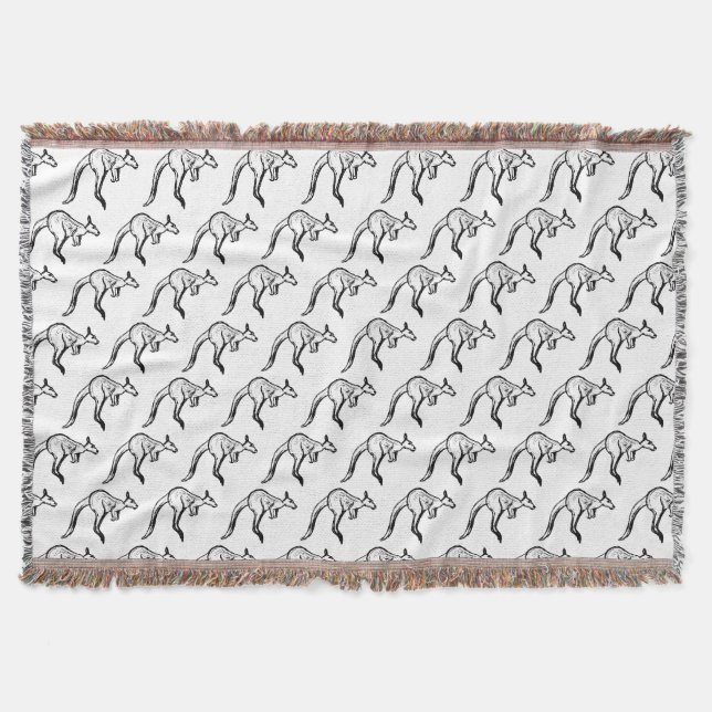 Black and White Jumping Kangaroo Sketch Throw Blanket (Front)