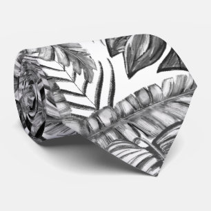 Black and white jungle leafs pattern, nature theme tie