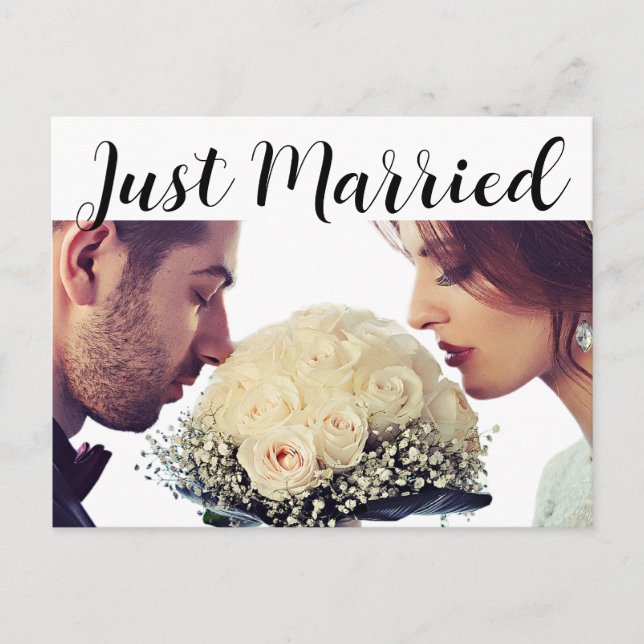 Black and White Just Married Wedding Announcement  Postcard (Front)