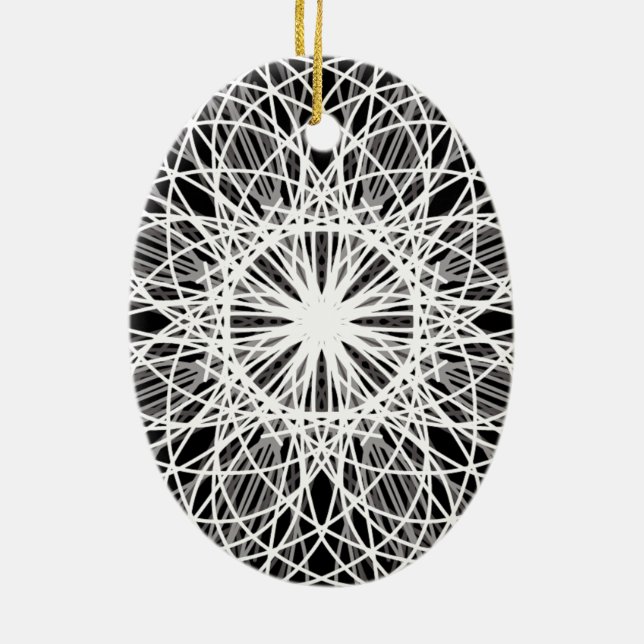 Black and White Kaleidoscope Flower Star Ceramic Ornament (Back)